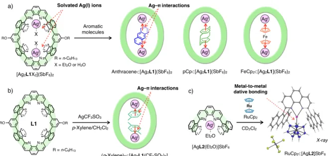 Figure  1. Host-guest complexation between a) a dinuclear Ag(I)-macrocycle [Ag 2 L1X 2 ](SbF 6 ) 2  or b) its CF 3 SO 3 –  salt with aromatic  molecules via Ag–π interactions
