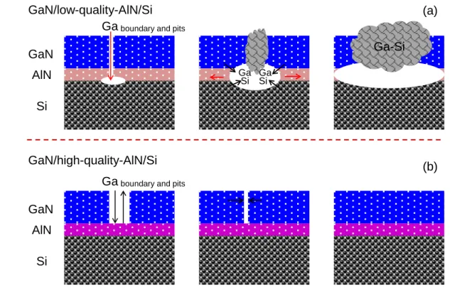 Fig. 2.11 Reaction between Ga and Si through pin holes in low-quality AlN buffer layer.