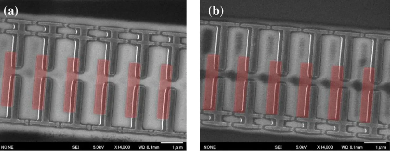 図 4.3.  素子 SEM 画像(下地電極を着色). (a)上段接合列対, (b)下段接合列対.