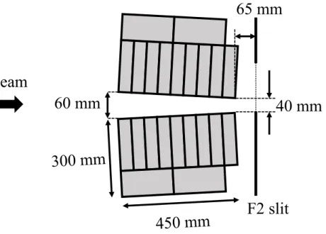 Figure 3.4: Top view of the F2 collimator. The gray shaded boxes represent iron blocks with dimensions of 5 cm × 10 cm × 20 cm.