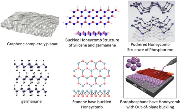 Figure 1.2.1 Structural differences among single elemental 2-D layered material 15,46-48,53,54 