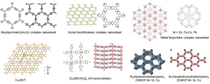 Figure 1.4.1 Different 2-D MOFs or coordination nanosheets (CONASHs) 127-135, 138, 144 