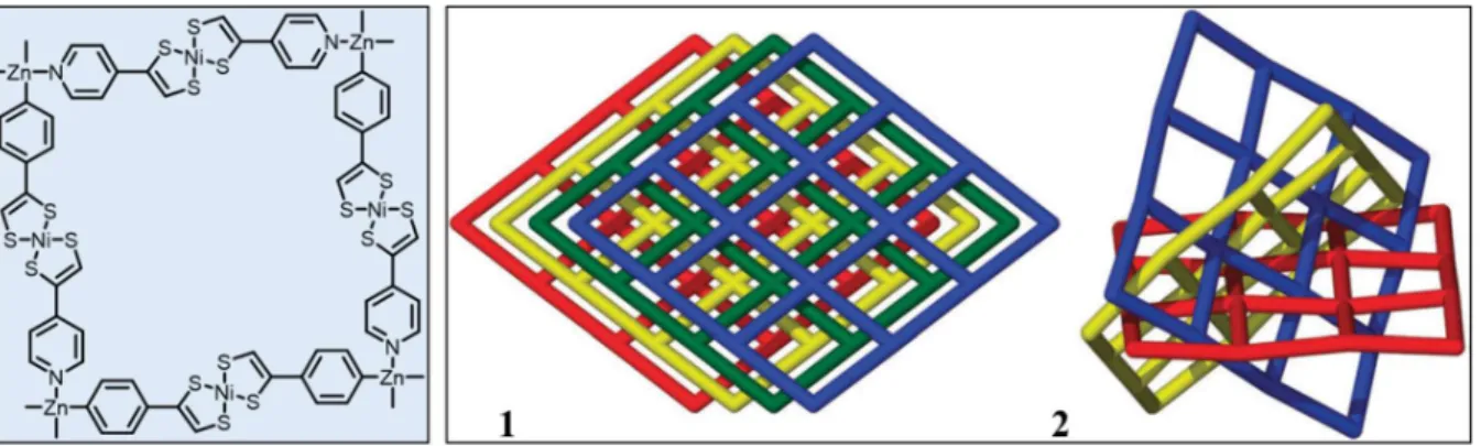 Figure 1.4.2 One unit of the polymer (left); illustration of 1 and 2, each color represents a discrete  2D net stacked polymer and the interpenetrated structure of the same unit by forming coordination  (right) 137 