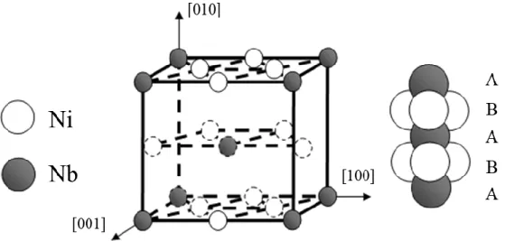 Fig. 1.3 Unit cell of the D0 a  structure (Ni 3 Nb-δ phase) open and filled circles represent nickel and  niobium atoms, respectively