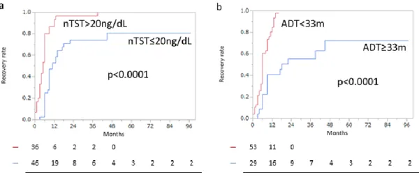Fig.  4  Kaplan–Meier  analysis  of  (a)  TST  recovery  to  supracastrate  level  (>50 ng/dL) after termination of ADT by nadir TST level 20 ng/dL (nTST  20 ng/dL) and (b) ADT duration 33 months (ADT 33 m).