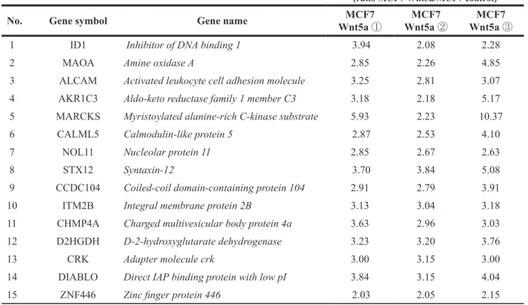 Table 3: Genes up-regulated by expression of Wnt5a