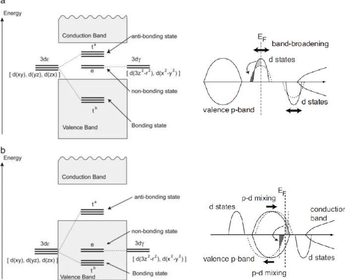 Figure 1.2: Schematic electronic structure of a transition metal impurity at the tetrahedral substitutional  site in zinc blende structure
