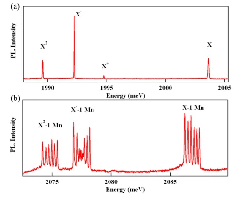 Figure I.12: Photoluminescence of the X, X − and X 2 complex for (a) a QD with no magnetic atom and (b) a QD containing a single Mn atom.