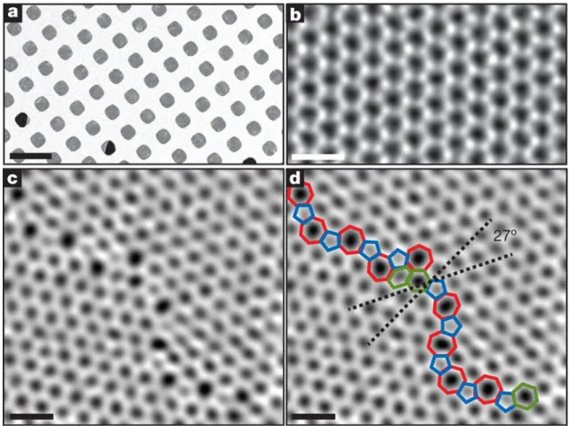 Figure 1.10: Scanning electron microscope images of graphene with grain bound- bound-ary [16].