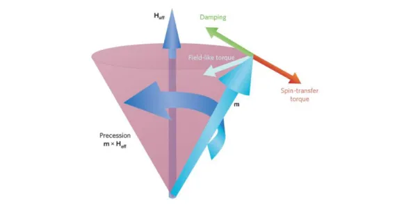 Figure 2-2: Schematic illustrations of STT 76  and of the different torques acting on a magnetic moment