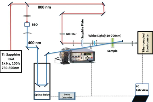 FIG. 3.1 Optical setup of the femtosecond transient absorption (TA) spectrometer.