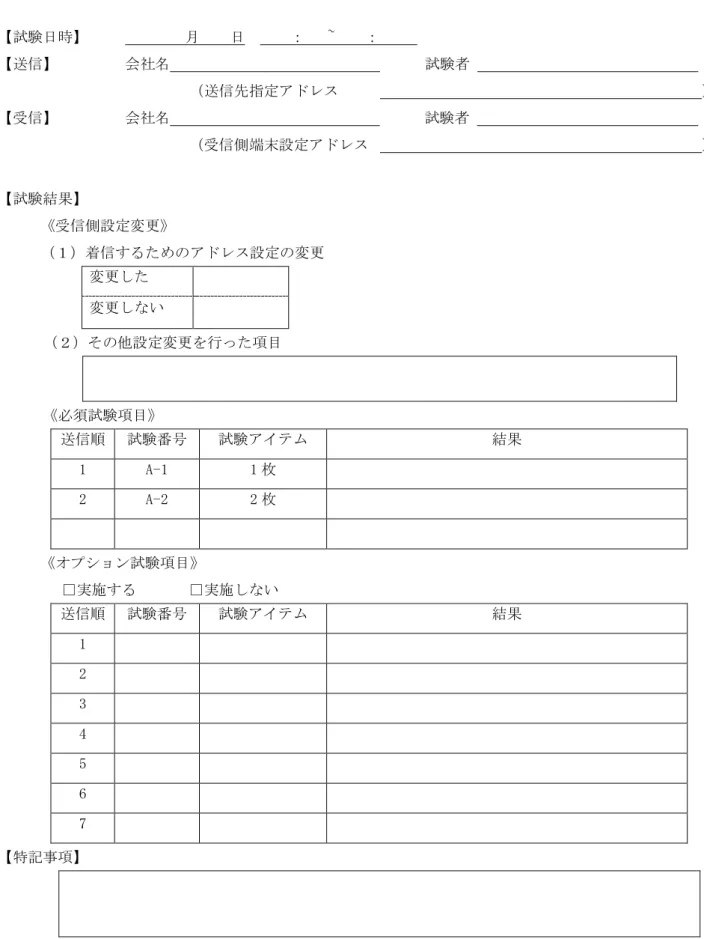 表 2：試験結果通知票  【試験日時】          月    日      ：   ~    ：       【送信】   会社名                           試験者                              （送信先指定アドレス                                             ）  【受信】   会社名                                  試験者                       
