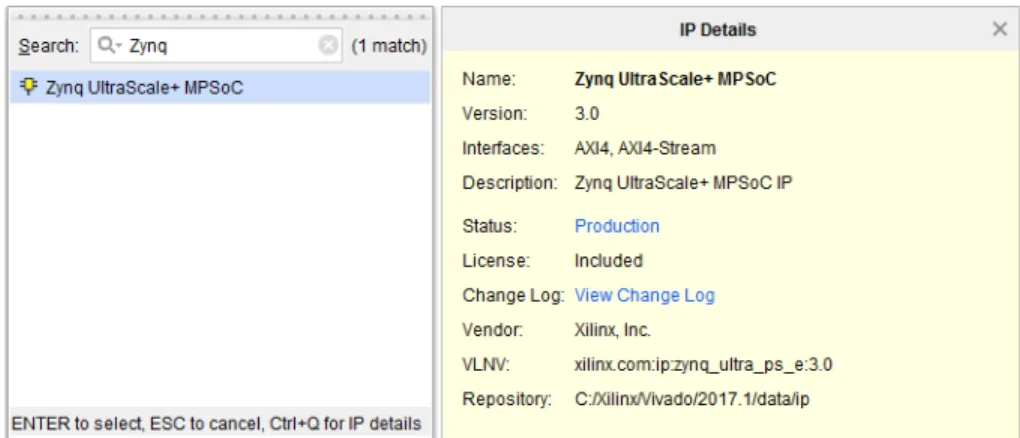 図  2-3: IP  カ タ ログでの  Zynq UltraScale+ MPSoc  の検索