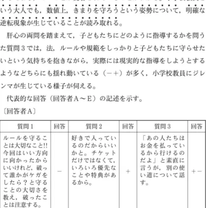 表 6 で示した質問 l の回答では (‑ )が多数を示しており，多くの 小学校教員はきまりを 守 り，義務を果たすことの大切さを尊重 してい ること， また，誰もがきまりを守らず，義務を果たさなかったら， ど のような世の中になるのかを考えさせようという姿勢が読み取れる 。 しかし， ( +  ‑ )  もある程度占めており， 星野くんという個の意思を 尊重 しようとする姿勢も見られ， 星野くんへの指導に対するモラル・ ジレンマの様子が伺えることは興味深い。 しかし，本研究は道徳教育 研究を主 としていな