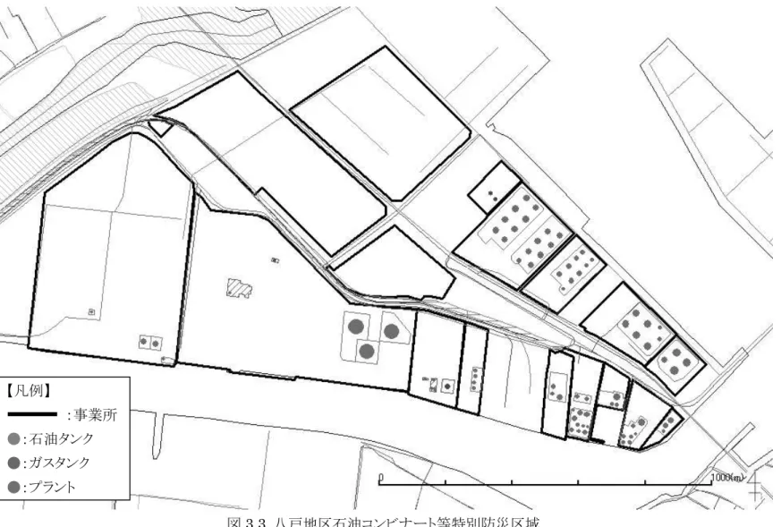 図 3.3  八戸地区石油コンビナート等特別防災区域 注 1) この地図の作成に当たっては、国土地理院長の承認を得て、同院発行の数値地図 25000( 空間データ基盤 ) 及び数値地図 2500( 空間データ基盤 ) を使用したものである。 ( 承認番号  平 18 総使、第 518 号 ) 【凡例】：事業所●：石油タンク●：ガスタンク●：プラント
