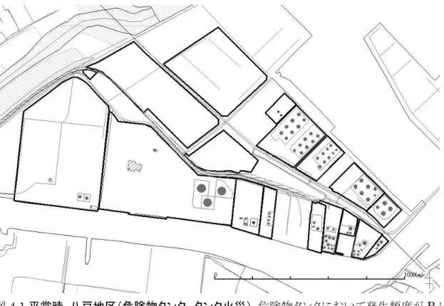 図 4.1 平常時  八戸地区（危険物タンク  タンク火災）  危険物タンクにおいて発生頻度が B レ ベル(10 -5 /年程度)以上となるタンク火災の影響範囲 