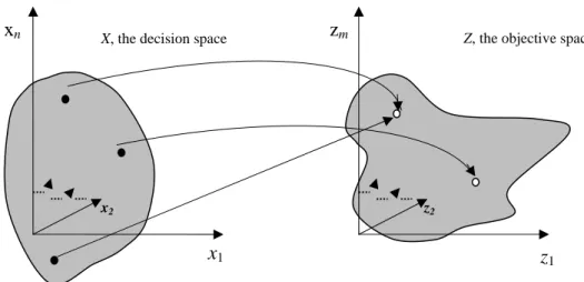 Fig. 2.1. The n-dimensional decision space maps to the m-dimensional objective space. 