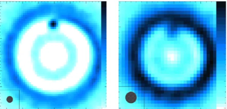 Fig. 1-4    Simulation of ALMA observations of disk at 0.9 THz with an embedded planet of 1M jup around a 0.5M ⊙   star (orbital radius: 5AU)