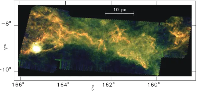 Figure 1.2: False color image with 70 µm (blue), 160 µm (green), and 250 µm (red) of the mapping observation results toward the California giant molecular cloud taken by Herschel Space Observatory