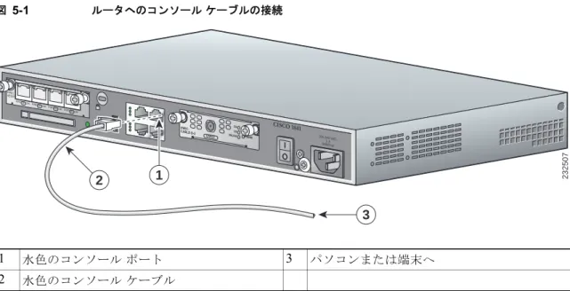 図 5-1 ルータへのコンソール ケーブルの接続 ステップ 2 ケーブルの  DB-9  コネクタがある側の端を端末またはパソコンに接続します。端末または  PC  に  DB-9  コネクタに対応していないコンソール ポートがある場合、所定のアダプタをポートに取り付ける必要 があります（ DB-9/DB-25  アダプターはルータに付属しています）。 （注） モード制御はコンソール ポート上ではできないため、モデムをコンソール ポートに接続することは推 奨されません。モデムは必ず  AUX  ポートに接続