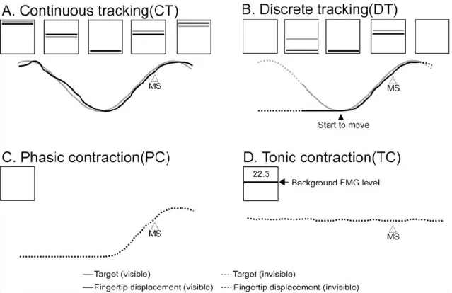 Fig. 2. 2 An illustration of experimental tasks, which are (A) continuous  tracking,  (B)  discrete  tracking,  (C)  phasic  contraction  and  (D)  tonic  contraction