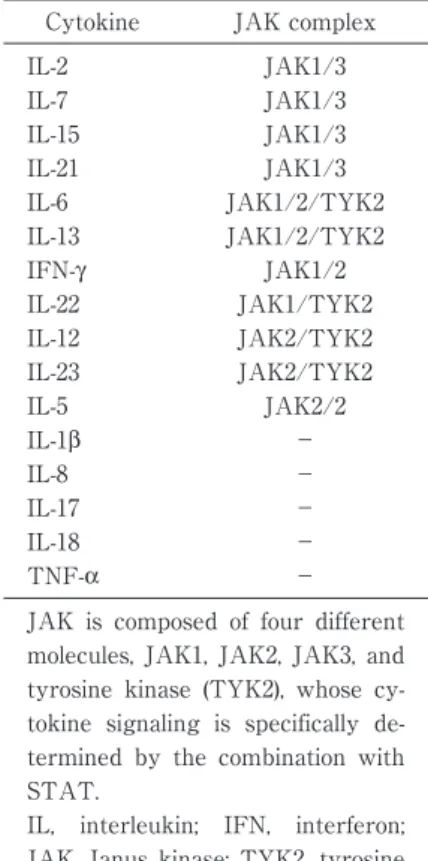 Table 4 Major Cytokines Involved  in  Inflammatory  Bowel  Disease  and  JAK  complex  against  cytokines   in-volved in the JAK Pathway
