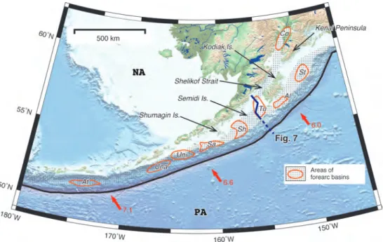 Figure 6. Index map of the Aleutian‐Alaskan margin. Forearc basins: At—Atka, Una—Unalaska, Uni—Unimak, Sa—