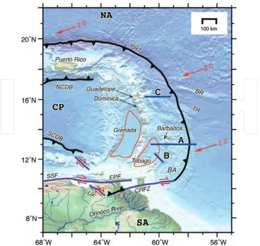 Figure 8. Index map of the Lesser Antilles margin. Blue lines with labels A–C indicate locations of survey lines shown in  Figure 9