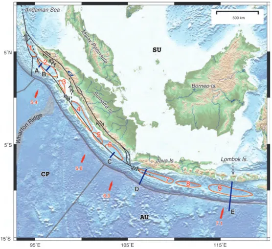 Figure 2. Index of the Sunda margin. Blue lines with labels A–E indicate the locations of survey lines shown in Figure 3