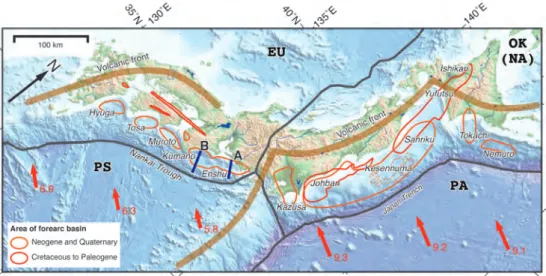 Figure 4. Index map of the Japan margin. Series of forearc basins are developed between volcanic fronts and trenches