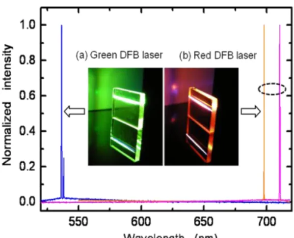 Fig. 1 Schematic diagram of the fabricated          Fig. 2 DFB output spectra from LiF crystals    processes of a DFB color center laser based            with different fringe spacings