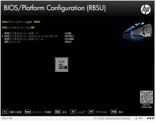 図 3 [BIOS シリアルコンソールと EMS] — [BIOS シリアルコンソールエミュレーションモード] 画面 [BIOS  シリアルコンソールボーレート ]  の設定 シリアルポートを介してデータが送信されるときの転送速度を設定できます。 BIOS  シリアルコンソールボーレートを設定するには、次の操作を行います。 1