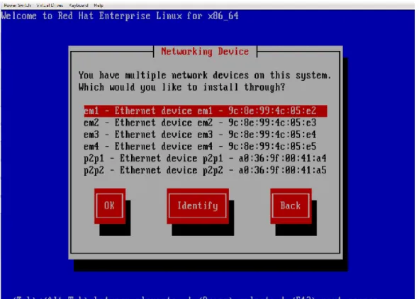 図 5: Ethernet デバイス名が eth0 ではなく em1 として表示される      p2p1 という名前は、スロット 2 内の追加 NIC カードのポート 1 を示します。同様に、 p2p2 はスロット内の カードのポート 2 を示します。図 3 と図 5 の間で MAC アドレス情報を比較すると、biosdevname が有効 な場合は (図 7)、LOM デバイスが一貫して追加ポートより先に列挙されることがわかります。 下の表は、 従来の命名規則と新しい命名規則で、LOM デバイスと追加ネ