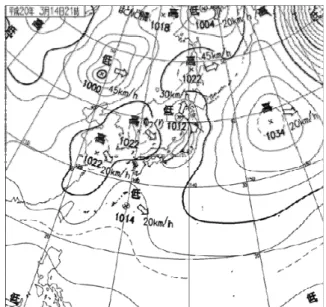 図 9　pH–EC 図 （2008 年 3 月 14 日） 図 10　経時変化図（2008 年 3 月 14 ～ 15 日）西側は NW 風，東側は SE 風となっている。破線が寒冷前線で東西から風が吹き込むため，時系列的には寒冷前線の東進により風向きが変わったのである。　これまで報告した海塩粒子影響事例は海上から搬送された海塩粒子が雨水に捕捉され，降雨強度が弱まったときに雨水中で高濃度化して ECp が増大するとともに，大気中においても SPM として検出される形態であった3）。本事例の場合は寒冷前線通過