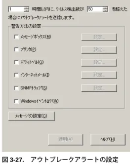 図 3-27. アウトブレークアラートの設定 3. ウイルスのアウトブレークを定義します。アウトブレークアラート送信の条件とするウイルス の検出数と時間を入力します。 4
