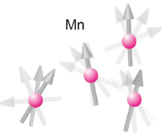 図 1 ：純スピン流の概念図。スピンアップとスピンダウンの電子が同数個だけ、逆方向に流れ ている場合、電荷の流れ I C は相殺されてゼロとなるが、スピンの流れ I S はゼロにはならない。 これを純スピン流と呼ぶ。 図 2 ：マンガン Mn は磁性の基になる磁気モーメントをもつ。 Mn の磁気モーメント間には、 距離によって決まる相互作用が働く。 Mn が銅の中にランダムに配置している時、 Mn 間に働 く相互作用の大きさもバラバラなので、あるところでは強磁性体的（平行に揃える相互作用） に、あるところで