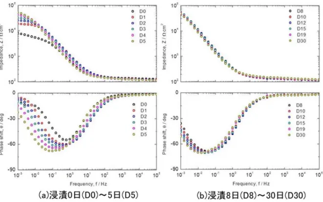 図 2.1-31  Fe-2.8 %Si 合金の電気化学インピーダンスの経時変化 
