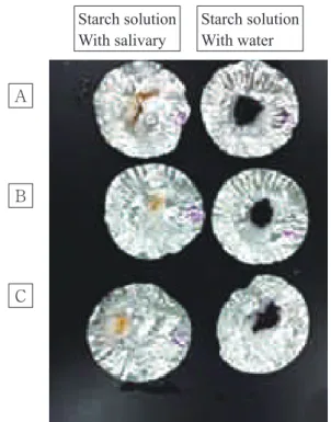 Table 2. Evaluation of an Improved Method Improved Method （ resistance 抵抗感） 3 （ 簡易性）easiness 4 （ repeatability 再現性 ） 4 （ 総合評価）total 11 さらに再現性について確認するために 3 人の学 生（A,B,C）の協力により 3 回実験を行った。その 結果，3 人の学生は 3 回とも全てねらい通りの実 験結果であり，特に高い再現性を示した。3 人の 学生が行った実験結果の例を Fig