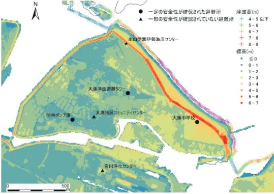 図 6 伊勢市大湊地区における堤防 3 分後破壊ケースの津波浸水深（「南海トラフの巨大地震モデル検討会」