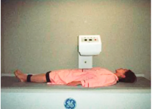 Fig.  1.   Bone mineral density measurement using the DXA  method 3 ） 統計処理 得られた値はすべて平均値±標準偏差で示し た．骨密度における平均値の差の有意差を検討す るために，一元配置の分散分析を適用した．統計 的有意水準はすべて 5% 未満を有意とした．また，骨密度とBMI，骨密度と非脂肪全体の関係についてはピアソンの積率相関係数を求め，危険率5%未満を有意とした．結 果Fig