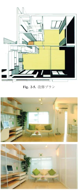 Fig.  2-5.  改修プラン Fig.  2-6.   上段：居間食事室、下段：北側居室 Fig.  2-7.  居間から台所を見る kitchen lundry 小口経枝管 （勾配が不要） 換気扇開口Fig
