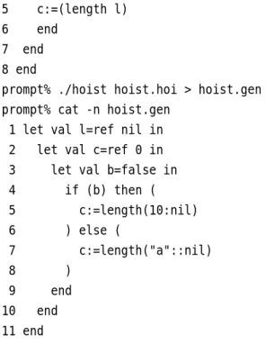 図 3: 巻上げ処理 に渡される型 t list に型変数 t が含まれるので，各 後続節に t 1 list ， t 2 list と別々の型変数として渡さ れる．この φ 節の先行節は，次節で説明するように 巻上げ候補であり，図 2(b) のように変形することが できる．よって，一般には，以下のように定義する． 型推論の際に， VG 上の φ 節に渡される型を調べ， 型変数を含む場合， φ 節の先行節を巻上げ候補と する． 図 2 では，巻上げ候補は op 節である length 節と なる． 3.2 