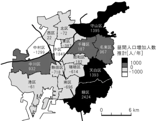 図 7: 線形予測による名古屋市の昼間人口の 1 年間あたり 増加人数推計 図 8: 2010 年と比較した 2030 年の救急出動件数増加量予測 ける救急出動件数の予測を試みることが可能であろう． 謝辞 分析にあたって貴重なデータとアドバイスを下さった名 古屋市消防局に厚くお礼申し上げます． 2014 年度の卒業研 究で救急件数の重回帰分析に取り組んだ神戸宏紀君と渡部 宙君の計算結果 11) は研究の大きな参考となった．これに ついてもお礼申し上げます． 参考文献 1) 稲川敬介，古田壮宏，鈴木敦夫 (2