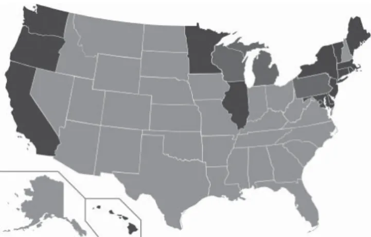 Figure 2.  Wisconsin, Michigan, and Pennsylvania (medium gray), states  that historically voted Democratic (the “Blue Wall”) but voted  Republican in the 2016 Presidential election