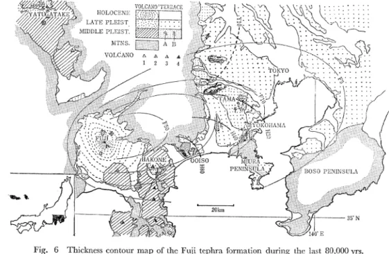 Fig. 6  Thickness contour  map of the Fuji tephra  formation  during  the last  80,000 yrs.