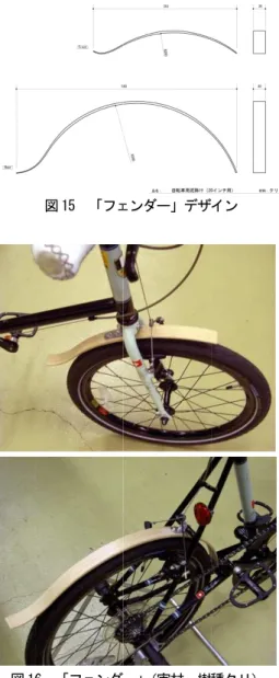 図 16 図 15  「フェンダー」デザイン6  「フェンダー 図 17  図 18  加工治具（曲げ用型） 「フェンダー」デザインフェンダー」（実材、樹種  曲木加工 加工治具（曲げ用型） 「フェンダー」デザイン  （実材、樹種クリ） 加工治具（曲げ用型）  ④  木提案） と音を室内で楽しむためのスタンドとして生かした自由なスタイルがデザインできる21曲げ加工も可能である  「風鈴スタンド」 （インテリアオーナメントへの曲木提案）  住環境に合わせて風鈴を楽しむためのもの。風鈴と音を室内で楽しむためのス
