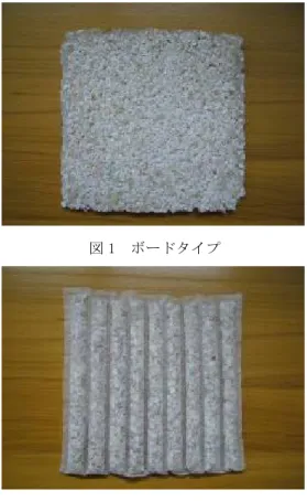 図 1 はもともと岩手工技で有する技術で作成したボー ド状のもので、破砕貝殻とバインダーを混合して型枠内 で熱圧成型するものである（ボードタイプ）。  図 2 は不織布（PP 製）をセル状に区切りホタテ貝殻（粒 径 5mm）を封入したものである。（袋詰めタイプ）  図 3 は粒径 5mm のホタテ貝殻をホットメルト接着剤が 塗布された不織布（接着芯地；ダイニック製 PDT-15W） で挟み込み熱圧成型したものである。（シートタイプ A） 図 4 は粒径約 500μm 以下のホタテ貝殻を 140mm×140m