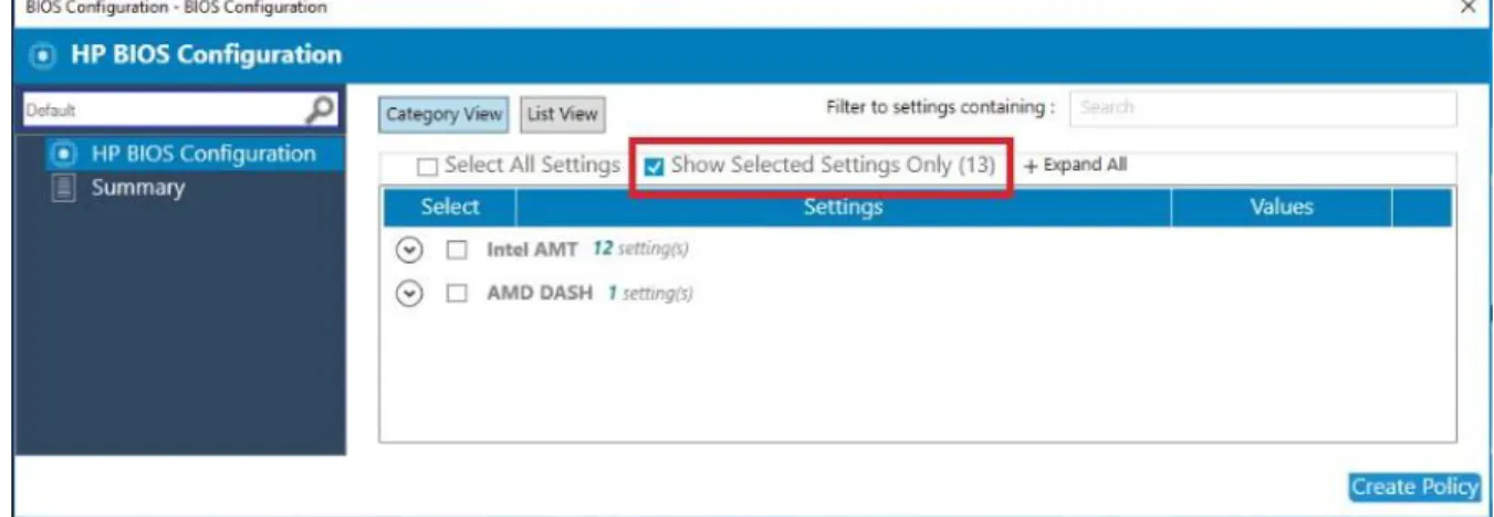 Figure 18  HP BIOS Configuration (Show Selected Settings Only) 