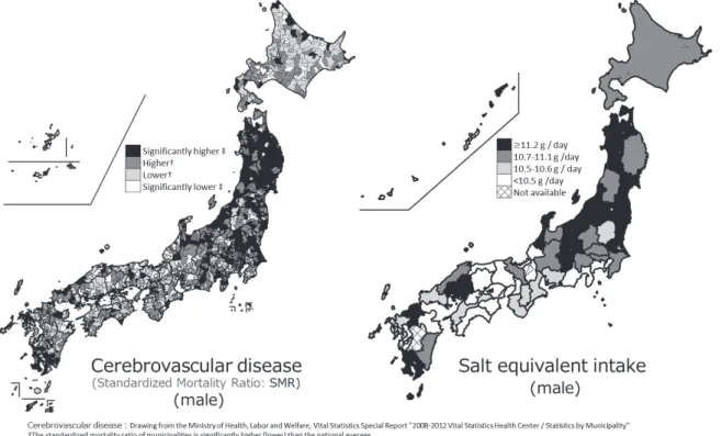 Figure 15   The mapping shows the standardized mortality ratio (SMR) for cerebrovascular disease and salt equiva- equiva-lent intake in male.