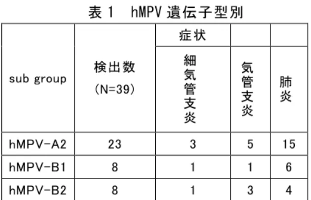 表 1  hMPV 遺伝子型別  sub group  検出数 (N=39)  症状細気管 支 炎 気管支炎 肺炎 hMPV-A2  23  3  5  15  hMPV-B1  8  1  1  6  hMPV-B2  8  1  3  4  図 2 hMPV（ F 遺伝子:233nt）分子系統樹 肺炎 気管支57% 炎 21% 細気管支炎 11% 上気道炎 11% 図1 症状の内訳（n=44） 